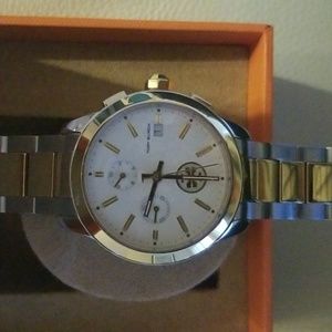 Tory Burch yellow gold & silver metal women's watch never worn needs new battery